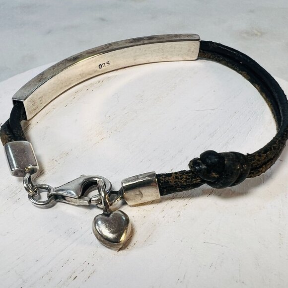 Unisex Sterling Silver & Leather "Love You More" Bracelet With Heart Charm - Picture 2 of 4